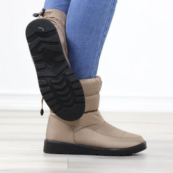 Taupe Rain Ankle Boots Weather Resistant Warm Synthetic Fluff Inside - Picture 5 of 13